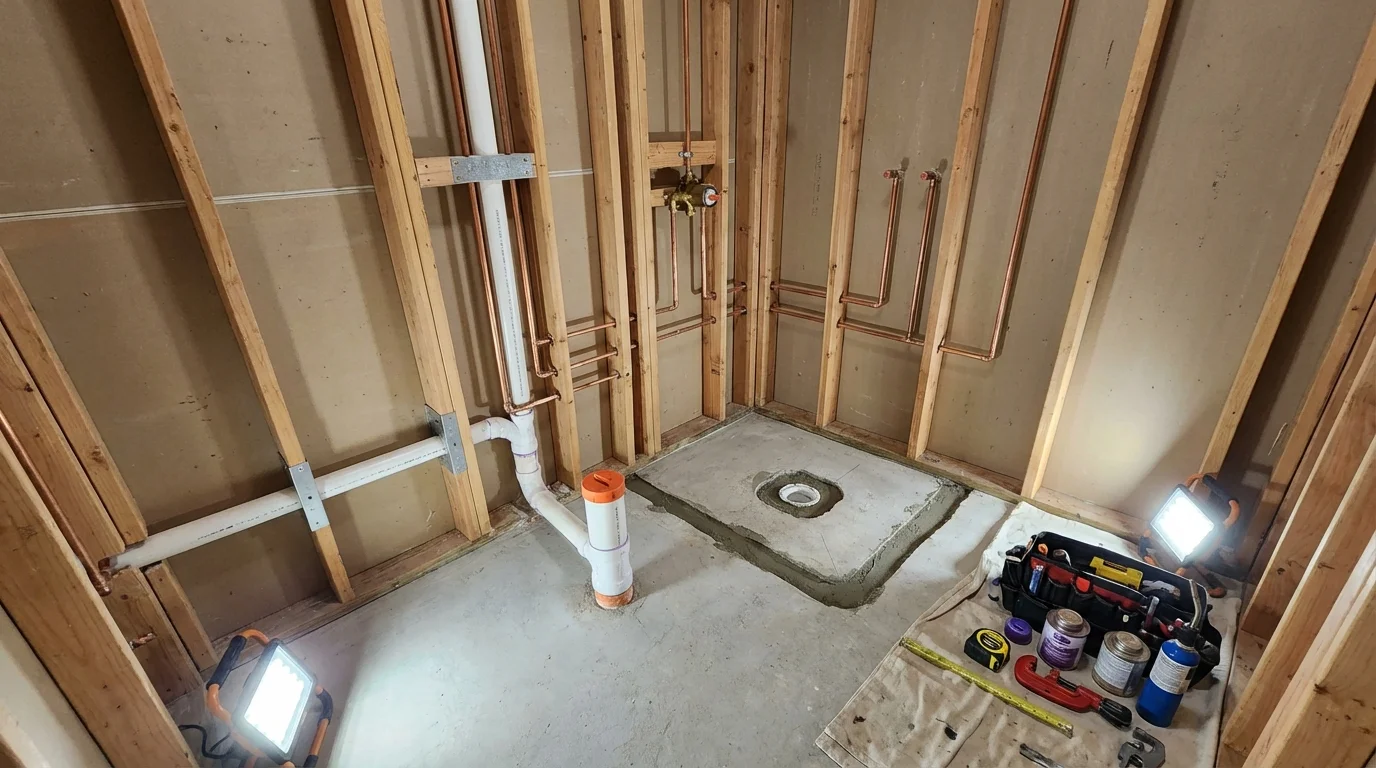 Bathroom rough-in plumbing during remodel by Johns Plumbing LLC in Wilder