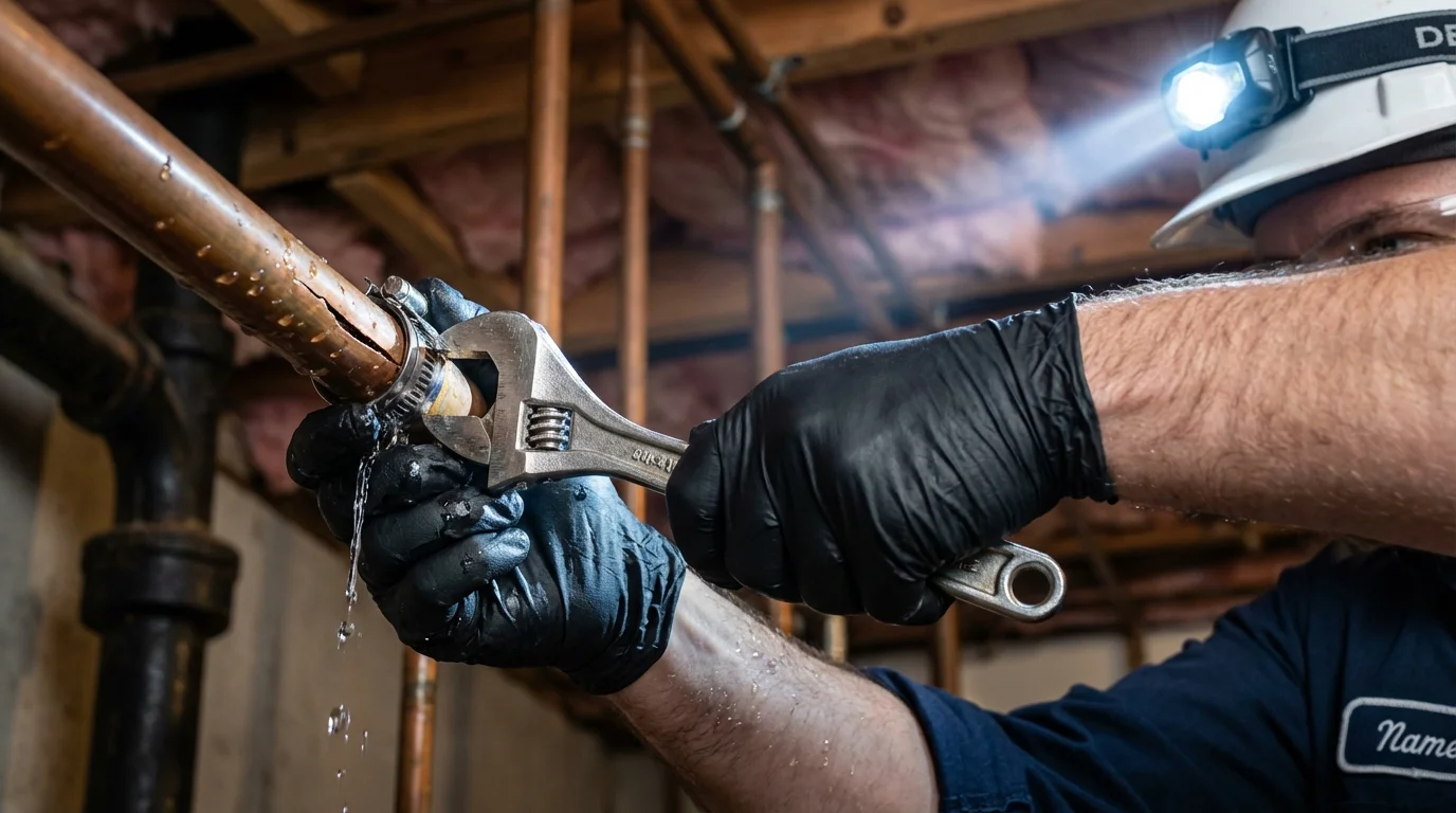 Emergency pipe clamp repair being performed by a Johns Plumbing LLC plumber in Wilder