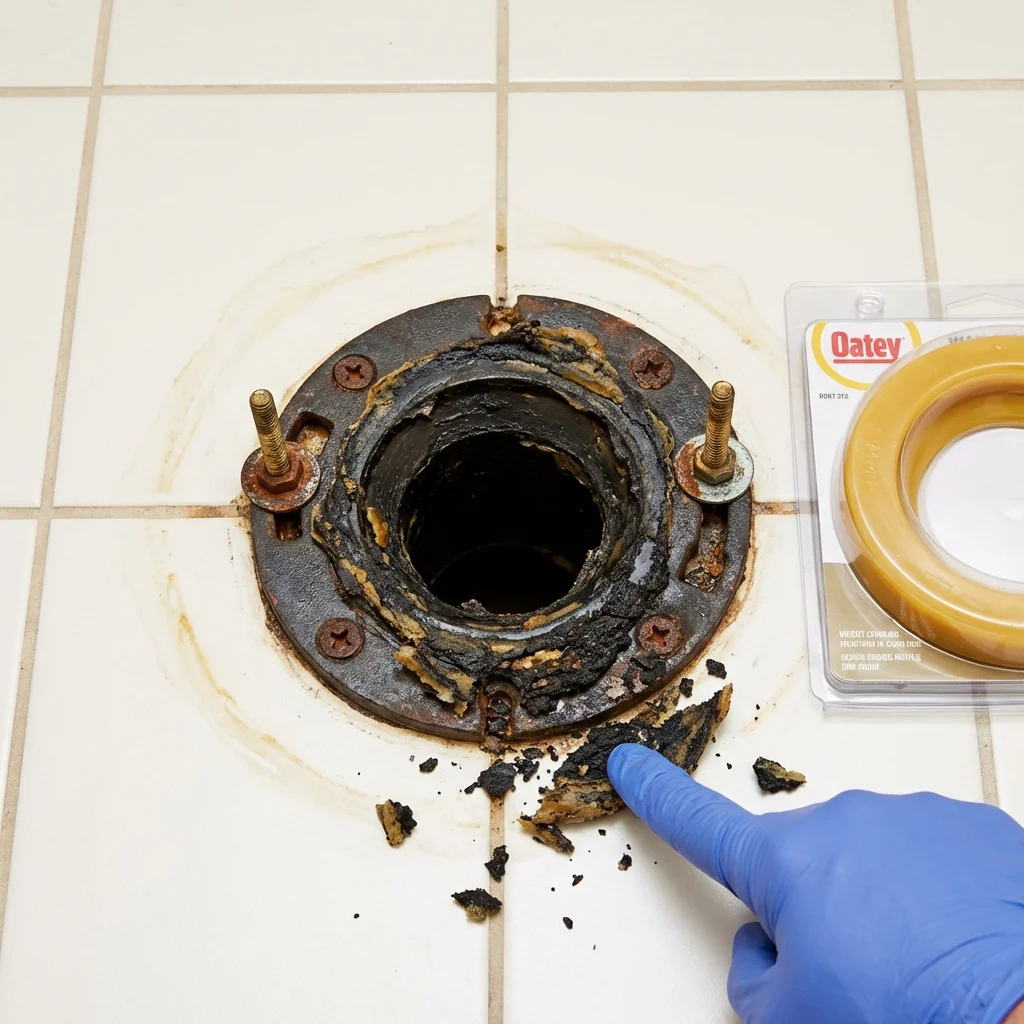 Failed wax ring showing water seepage at the base of a toilet in a Wilder, ID home