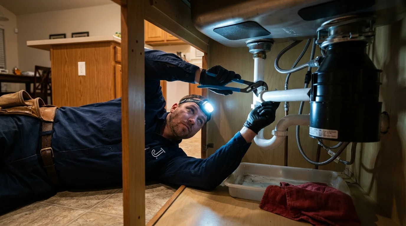 P-trap and supply line connections under a kitchen sink showing a common leak point in Wilder, ID